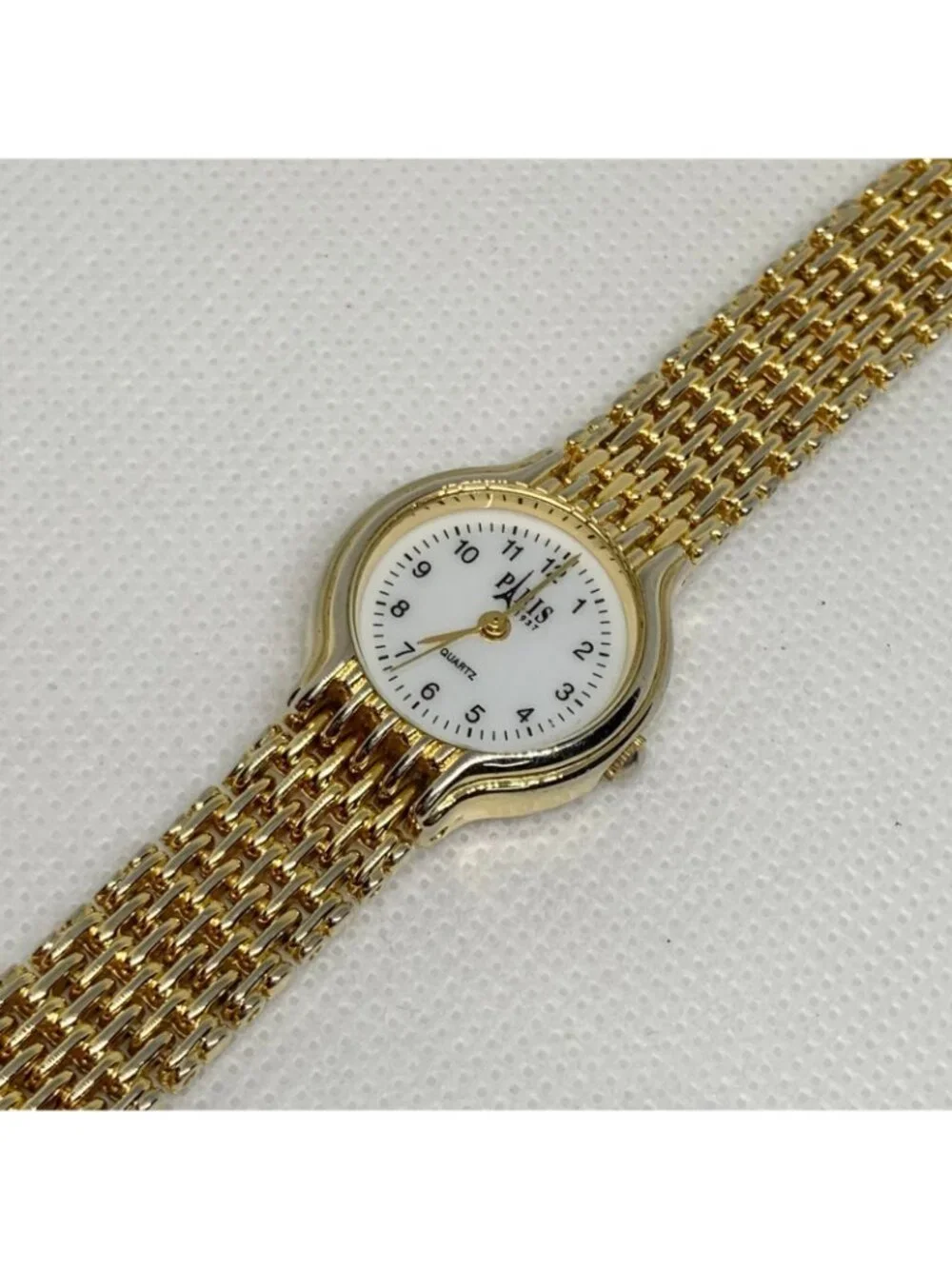 Vintage Paris 1937 gold tone women’s watch 23mm quartz bracelet 7.4” running